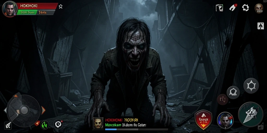 Screenshot HOKIHOKI menampilkan gameplay menyeramkan di lokasi gelap.
