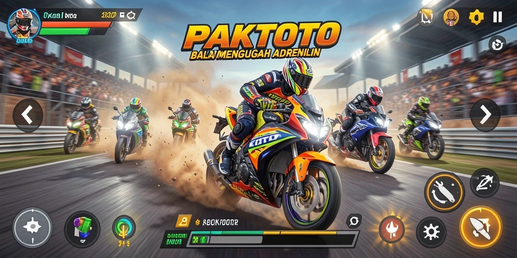 Screenshot utama PAKTOTO menampilkan aksi balapan motor di lintasan cepat.