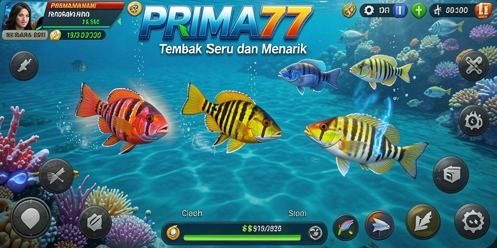 Tampilan gameplay PRIMA77 yang menegangkan saat menembak ikan.